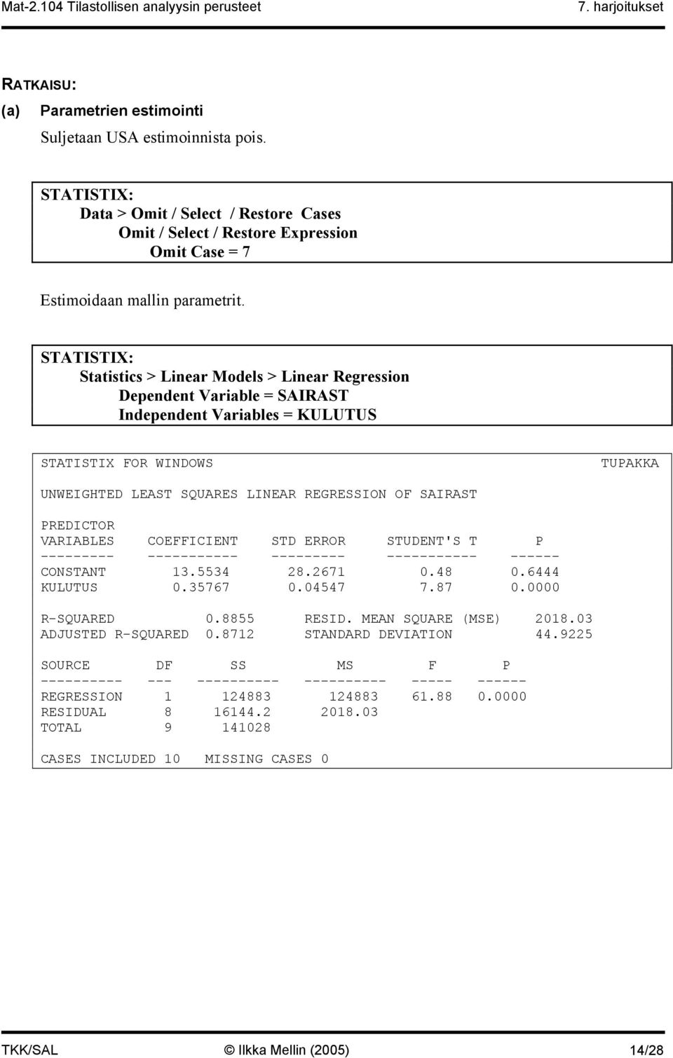 PREDICTOR VARIABLES COEFFICIENT STD ERROR STUDENT'S T P --------- ----------- --------- ----------- ------ CONSTANT 13.5534 28.2671 0.48 0.6444 KULUTUS 0.35767 0.04547 7.87 0.0000 R-SQUARED 0.