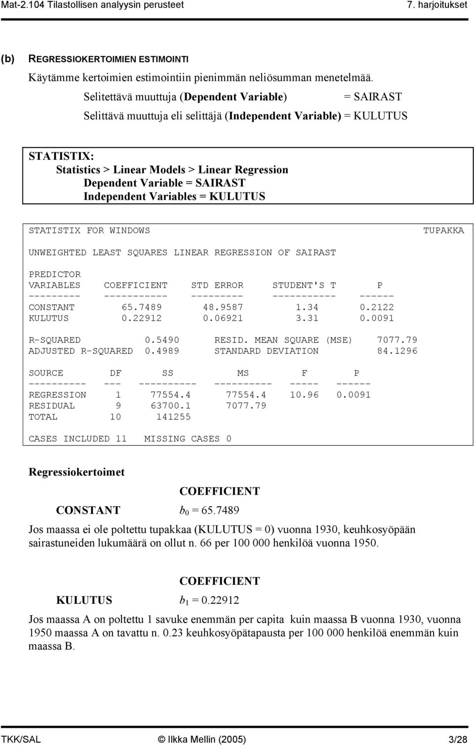 Independent Variables = KULUTUS STATISTIX FOR WINDOWS TUPAKKA UNWEIGHTED LEAST SQUARES LINEAR REGRESSION OF SAIRAST PREDICTOR VARIABLES COEFFICIENT STD ERROR STUDENT'S T P --------- -----------