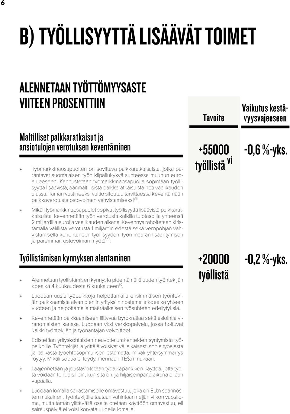 Kannustetaan työmarkkinaosapuolia sopimaan työllisyyttä lisäävistä, äärimaltillisista palkkaratkaisuista heti vaalikauden alussa.