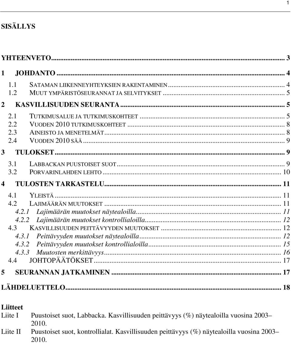 .. 10 4 TULOSTEN TARKASTELU... 11 4.1 YLEISTÄ... 11 4.2 LAJIMÄÄRÄN MUUTOKSET... 11 4.2.1 Lajimäärän muutokset näytealoilla... 11 4.2.2 Lajimäärän muutokset kontrollialoilla... 12 4.