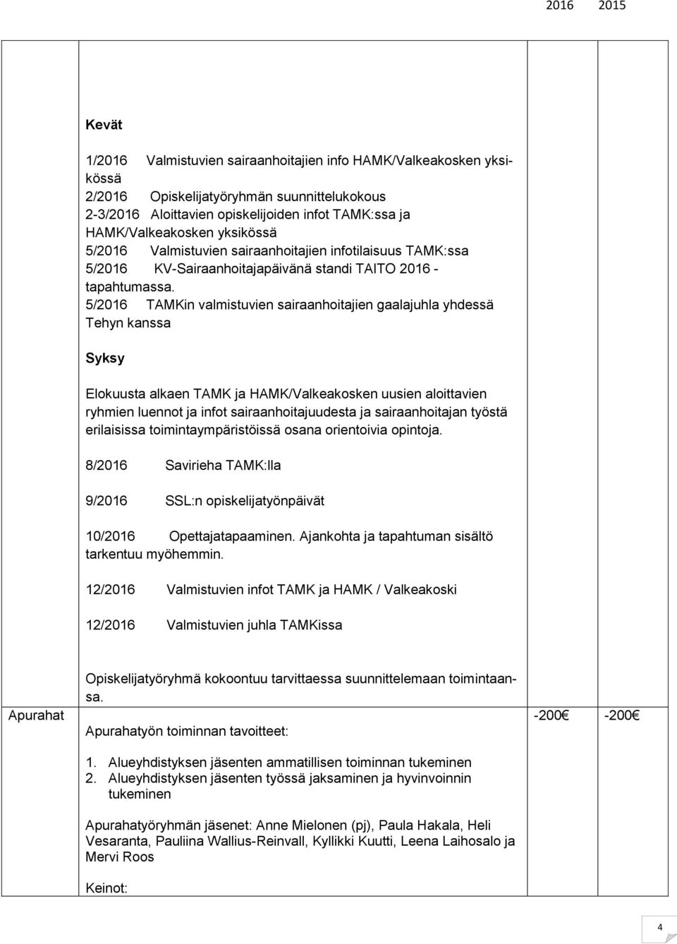 5/2016 TAMKin valmistuvien sairaanhoitajien gaalajuhla yhdessä Tehyn kanssa Syksy Elokuusta alkaen TAMK ja HAMK/Valkeakosken uusien aloittavien ryhmien luennot ja infot sairaanhoitajuudesta ja