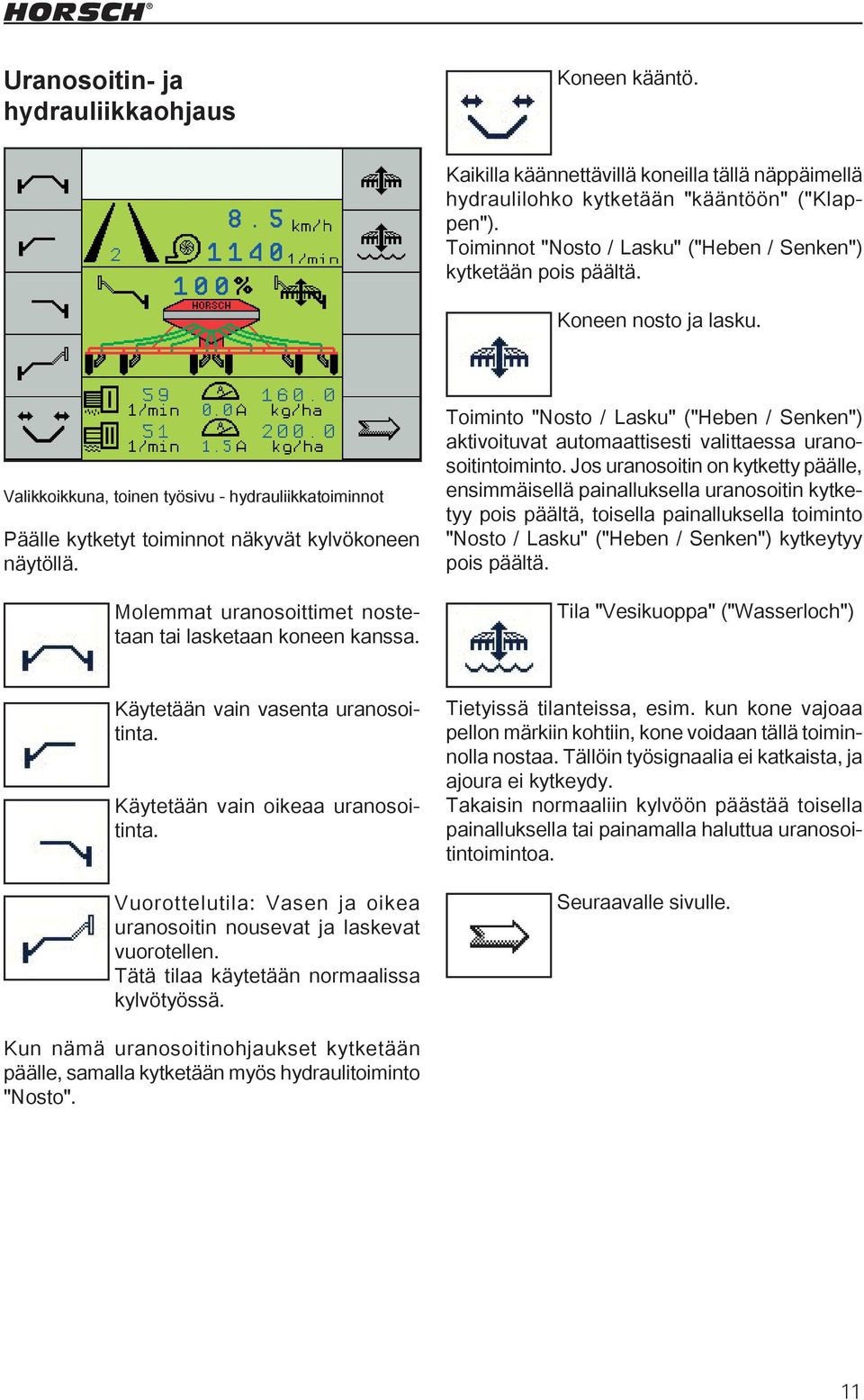 Molemmat uranosoittimet nostetaan tai lasketaan koneen kanssa. Toiminto "Nosto / Lasku" ("Heben / Senken") aktivoituvat automaattisesti valittaessa uranosoitintoiminto.