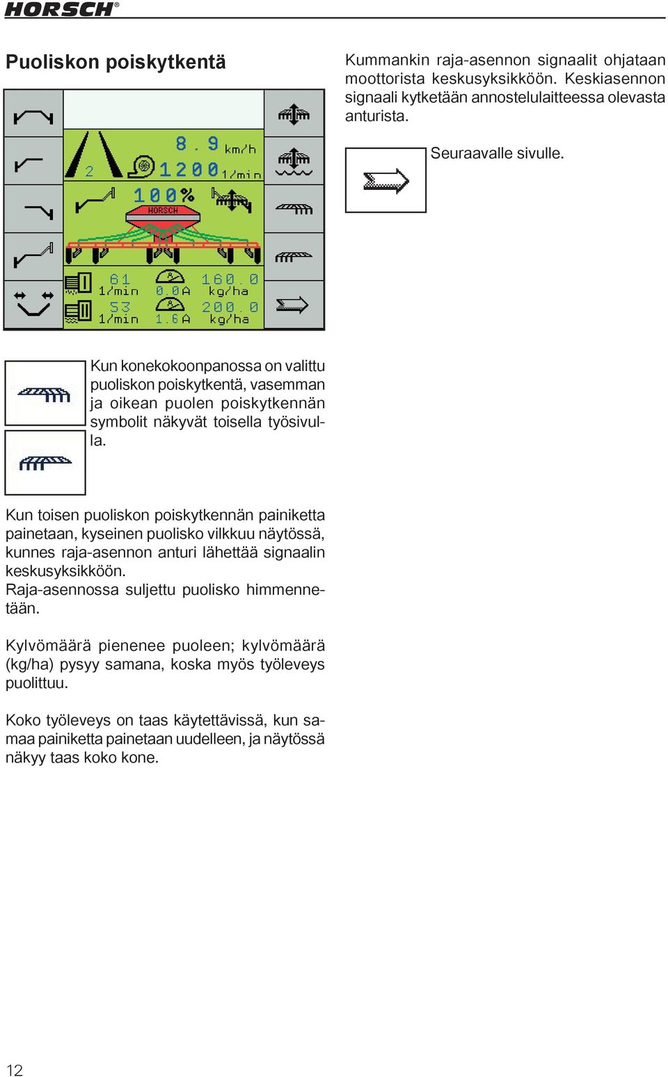 Kun toisen puoliskon poiskytkennän painiketta painetaan, kyseinen puolisko vilkkuu näytössä, kunnes raja-asennon anturi lähettää signaalin keskusyksikköön.