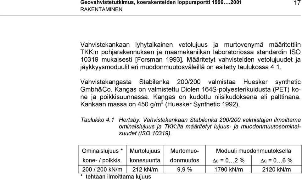 Määritetyt vahvisteiden vetolujuudet ja jäykkyysmoduulit eri muodonmuutosväleillä on esitetty taulukossa 4.1. Vahvistekangasta Stabilenka 200/200 valmistaa Huesker synthetic Gmbh&Co.