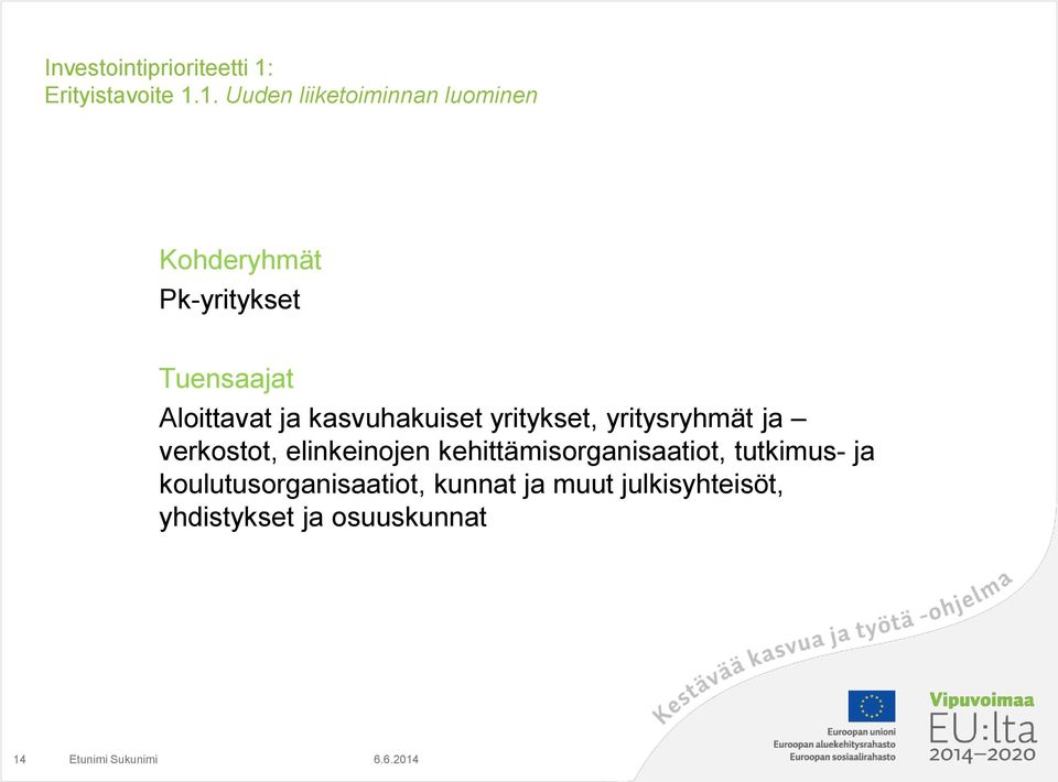 1. Uuden liiketoiminnan luominen Kohderyhmät Pk-yritykset Tuensaajat