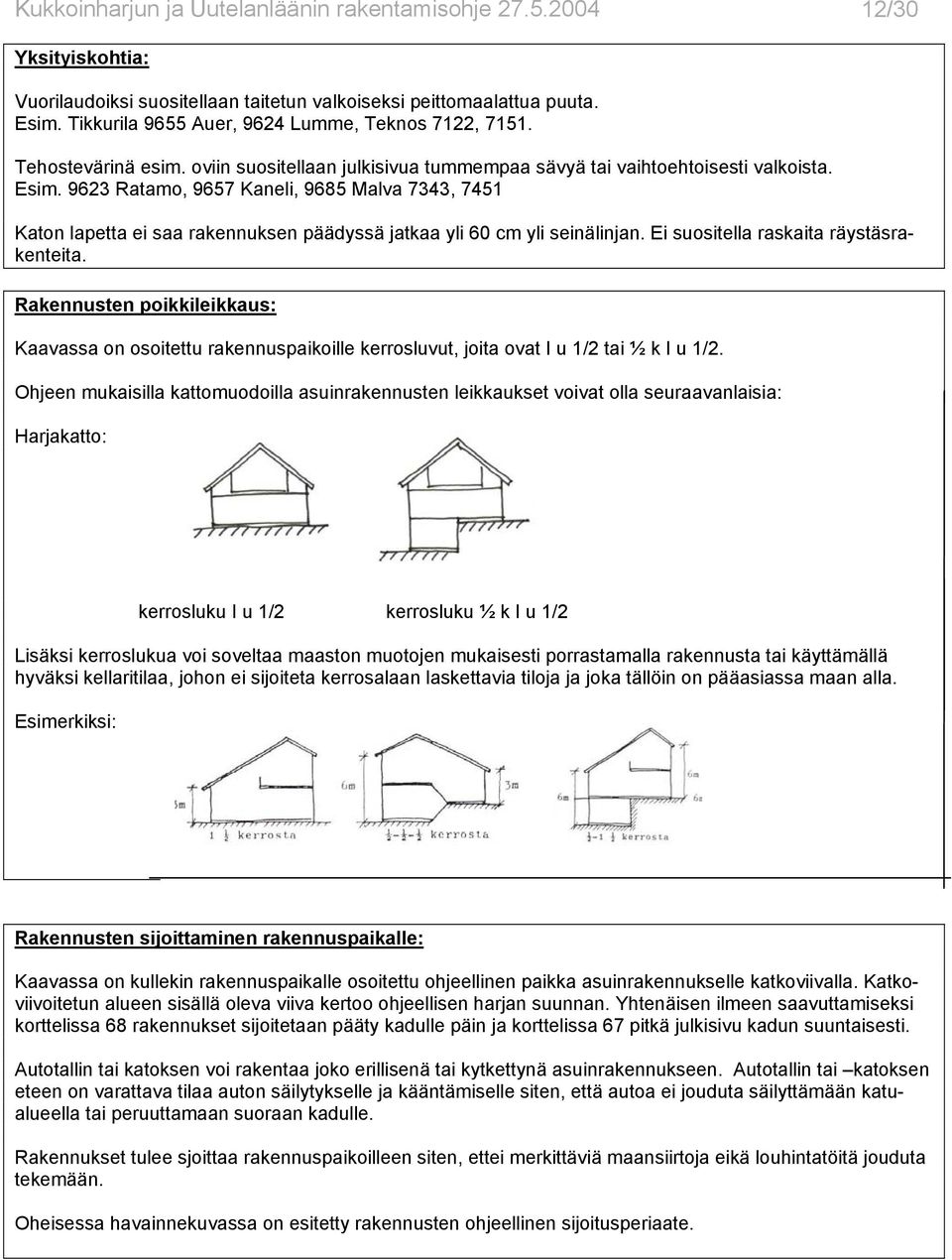 9623 Ratamo, 9657 Kaneli, 9685 Malva 7343, 7451 Katon lapetta ei saa rakennuksen päädyssä jatkaa yli 60 cm yli seinälinjan. Ei suositella raskaita räystäsrakenteita.