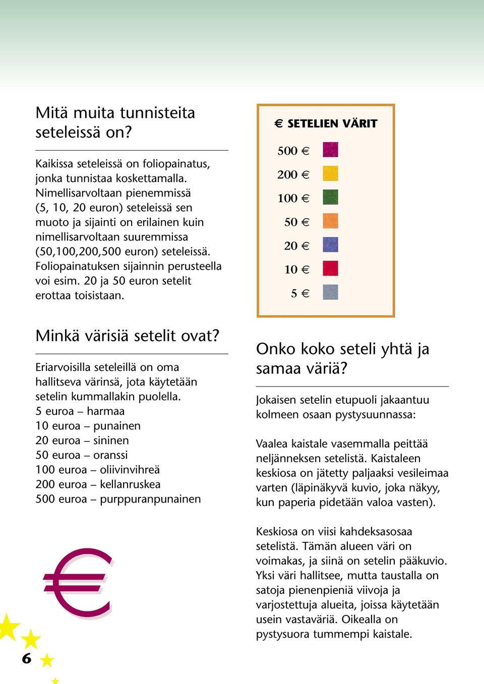 Foliopainatuksen sijainnin perusteella voi esim. 20 ja 50 euron setelit erottaa toisistaan. Minkä värisiä setelit ovat?