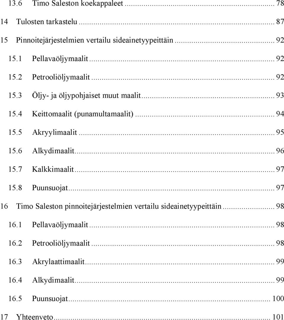 6 Alkydimaalit... 96 15.7 Kalkkimaalit... 97 15.8 Puunsuojat... 97 16 Timo Saleston pinnoitejärjestelmien vertailu sideainetyypeittäin... 98 16.