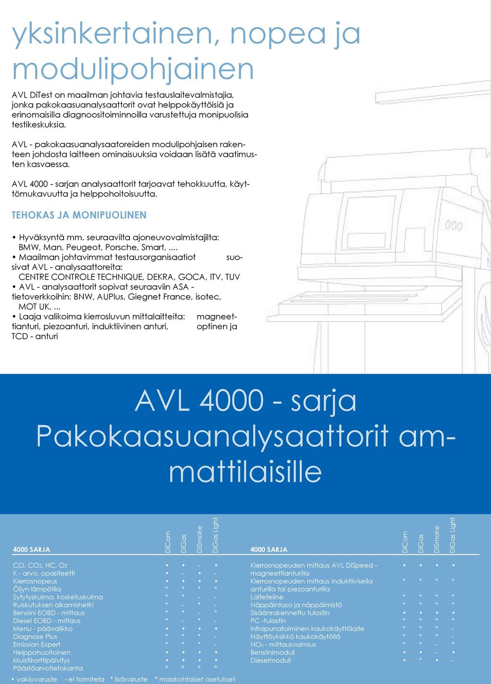 AVL 4000 - sarjan analysaattorit tarjoavat tehokkuutta, käyttömukavuutta ja helppohoitoisuutta. TEHOKAS JA MONIPUOLINEN Hyväksyntä mm.