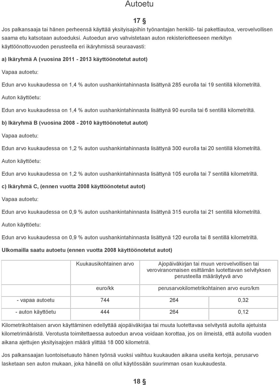 arvo kuukaudessa on 1,4 % auton uushankintahinnasta lisättynä 285 eurolla tai 19 sentillä kilometriltä.