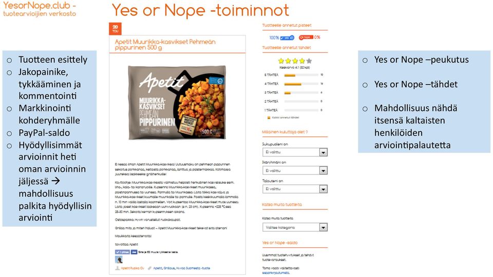 arvioinnin jäljessä mahdollisuus palkita hyödyllisin arvioin= o Yes or Nope peukutus