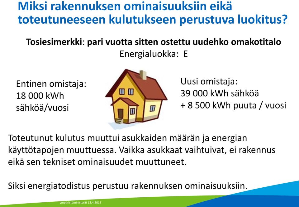 Uusi omistaja: 39 000 kwh sähköä + 8 500 kwh puuta / vuosi Toteutunut kulutus muuttui asukkaiden määrän ja energian