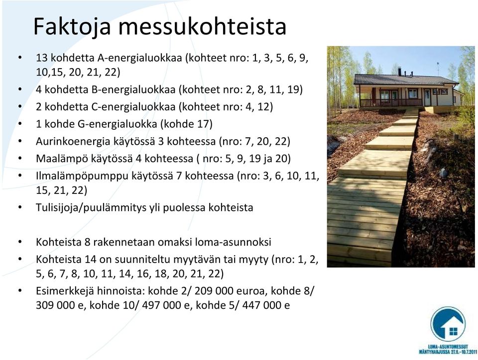 Ilmalämpöpumppu käytössä7 kohteessa (nro: 3, 6, 10, 11, 15, 21, 22) Tulisijoja/puulämmitys yli puolessa kohteista Kohteista 8 rakennetaan omaksi loma-asunnoksi Kohteista 14 on
