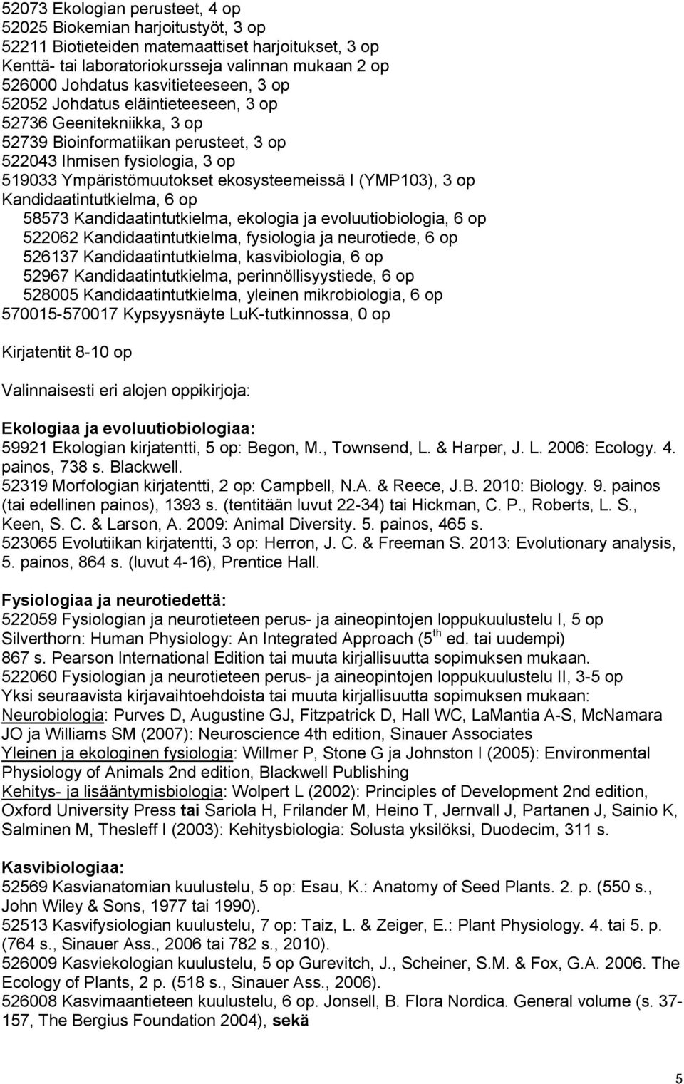 I (YMP103), 3 op Kandidaatintutkielma, 6 op 58573 Kandidaatintutkielma, ekologia ja evoluutiobiologia, 6 op 522062 Kandidaatintutkielma, fysiologia ja neurotiede, 6 op 526137 Kandidaatintutkielma,