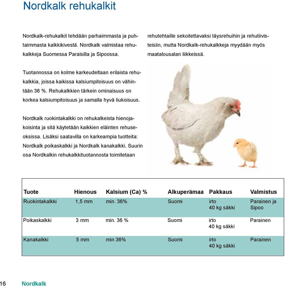 Tuotannossa on kolme karkeudeltaan erilaista rehukalkkia, joissa kaikissa kalsiumpitoisuus on vähintään 36 %. Rehukalkkien tärkein ominaisuus on korkea kalsiumpitoisuus ja samalla hyvä liukoisuus.