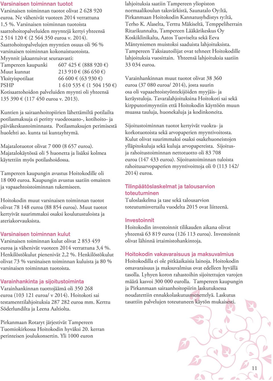 Saattohoitopalvelujen myyntien osuus oli 96 % varsinaisen toiminnan kokonaistuotoista.