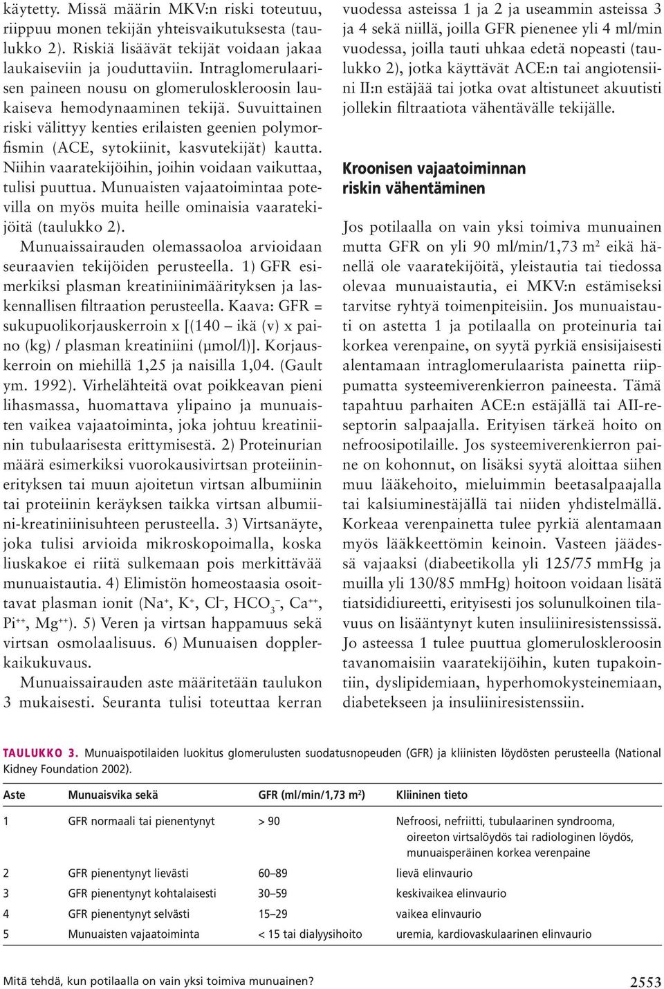 Niihin vaaratekijöihin, joihin voidaan vaikuttaa, tulisi puuttua. Munuaisten vajaatoimintaa potevilla on myös muita heille ominaisia vaaratekijöitä (taulukko 2).