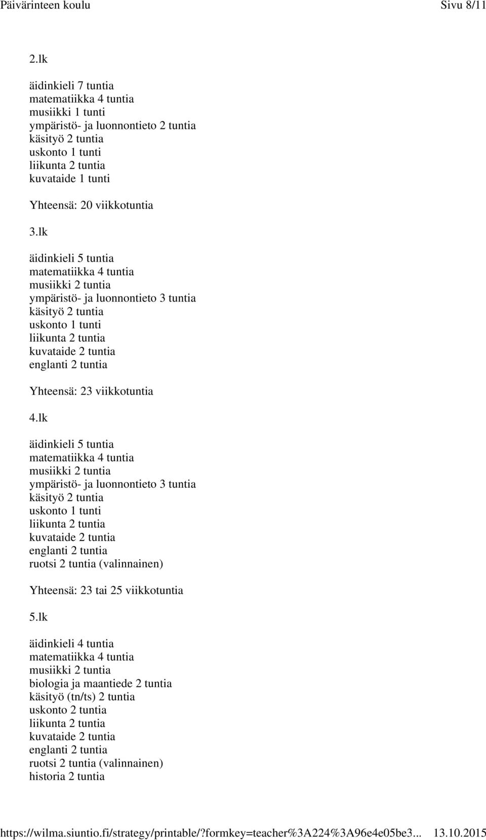 lk äidinkieli 5 tuntia musiikki 2 tuntia ympäristö- ja luonnontieto 3 tuntia käsityö 2 tuntia uskonto 1 tunti kuvataide 2 tuntia englanti 2 tuntia ruotsi 2 tuntia (valinnainen) Yhteensä:
