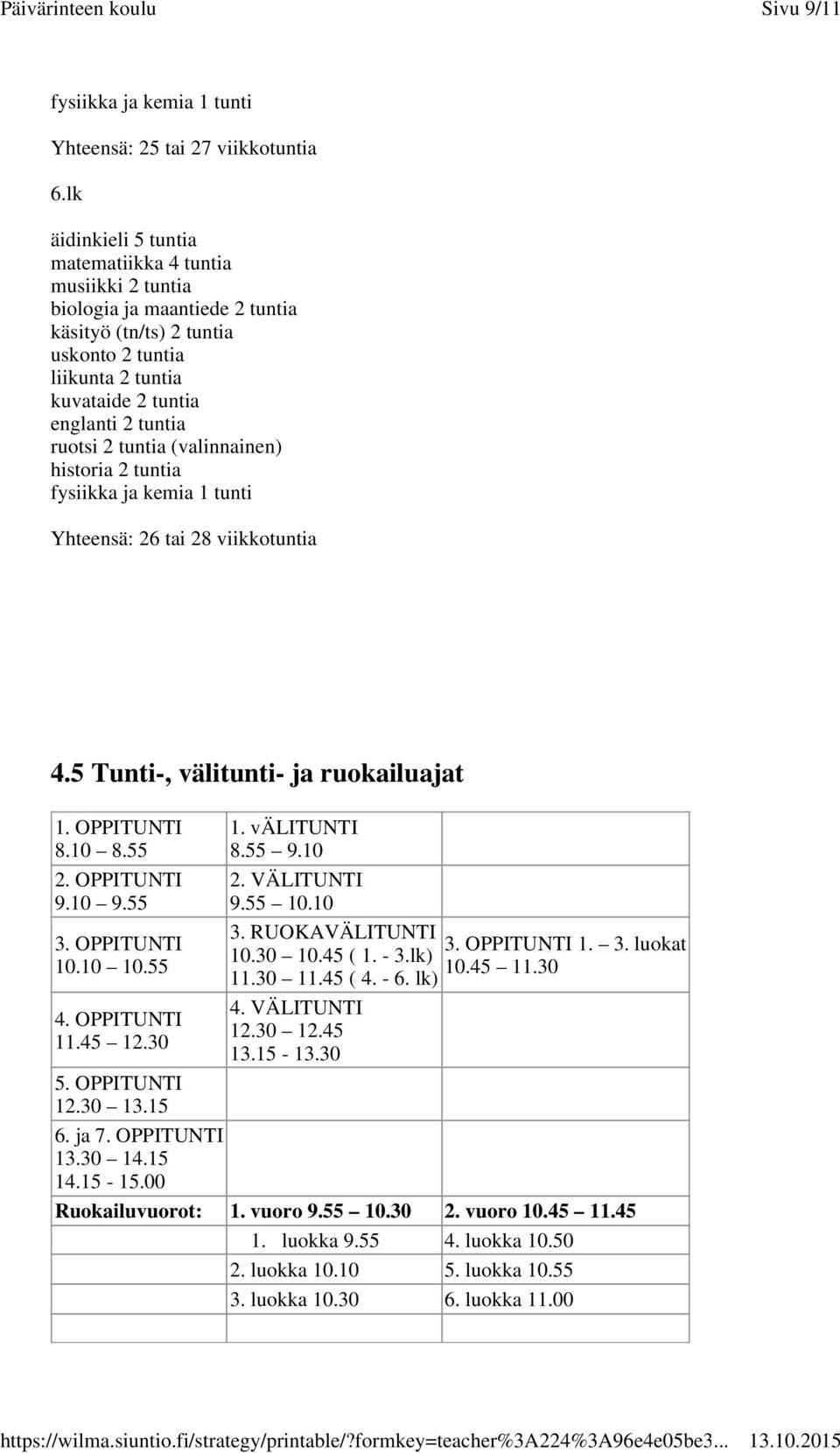 fysiikka ja kemia 1 tunti Yhteensä: 26 tai 28 viikkotuntia 4.5 Tunti-, välitunti- ja ruokailuajat 1. OPPITUNTI 8.10 8.55 2. OPPITUNTI 9.10 9.55 3. OPPITUNTI 10.10 10.55 4. OPPITUNTI 11.45 12.30 1.