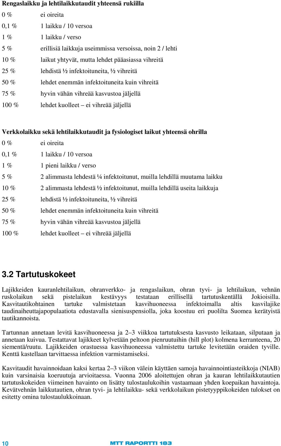 vihreää jäljellä Verkkolaikku sekä lehtilaikkutaudit ja fysiologiset laikut yhteensä ohrilla 0 % ei oireita 0,1 % 1 laikku / 10 versoa 1 % 1 pieni laikku / verso 5 % 2 alimmasta lehdestä ¼