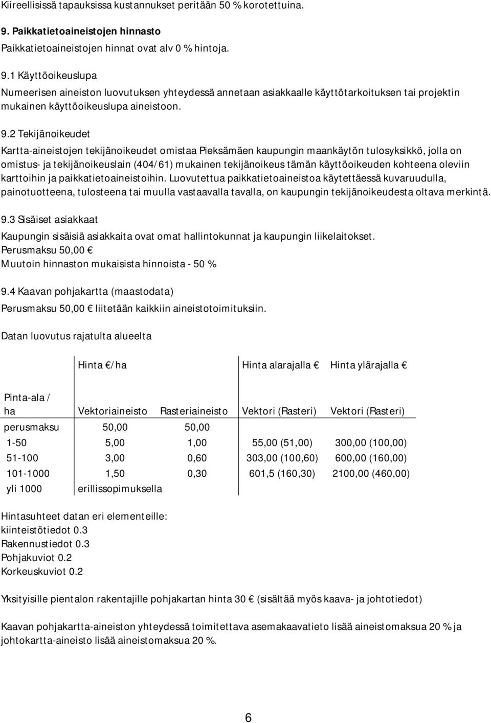 1 Käyttöoikeuslupa Numeerisen aineiston luovutuksen yhteydessä annetaan asiakkaalle käyttötarkoituksen tai projektin mukainen käyttöoikeuslupa aineistoon. 9.