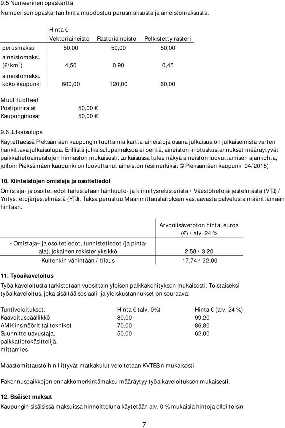 Postipiirirajat 50,00 Kaupunginosat 50,00 9.6 Julkaisulupa Käytettäessä Pieksämäen kaupungin tuottamia kartta-aineistoja osana julkaisua on julkaisemista varten hankittava julkaisulupa.