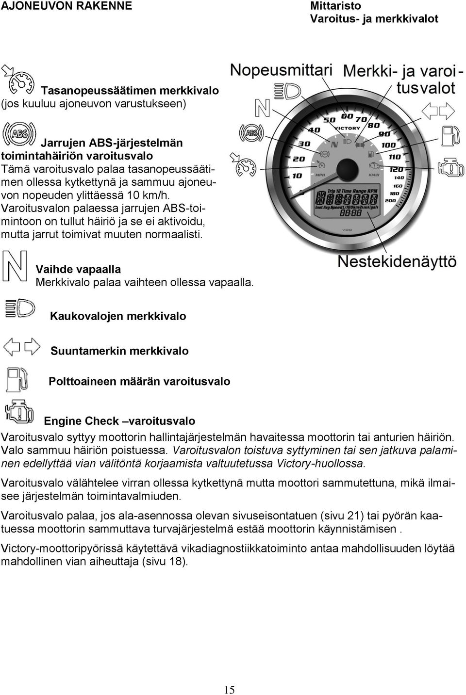 Varoitusvalon palaessa jarrujen ABS-toimintoon on tullut häiriö ja se ei aktivoidu, mutta jarrut toimivat muuten normaalisti. Vaihde vapaalla Merkkivalo palaa vaihteen ollessa vapaalla.