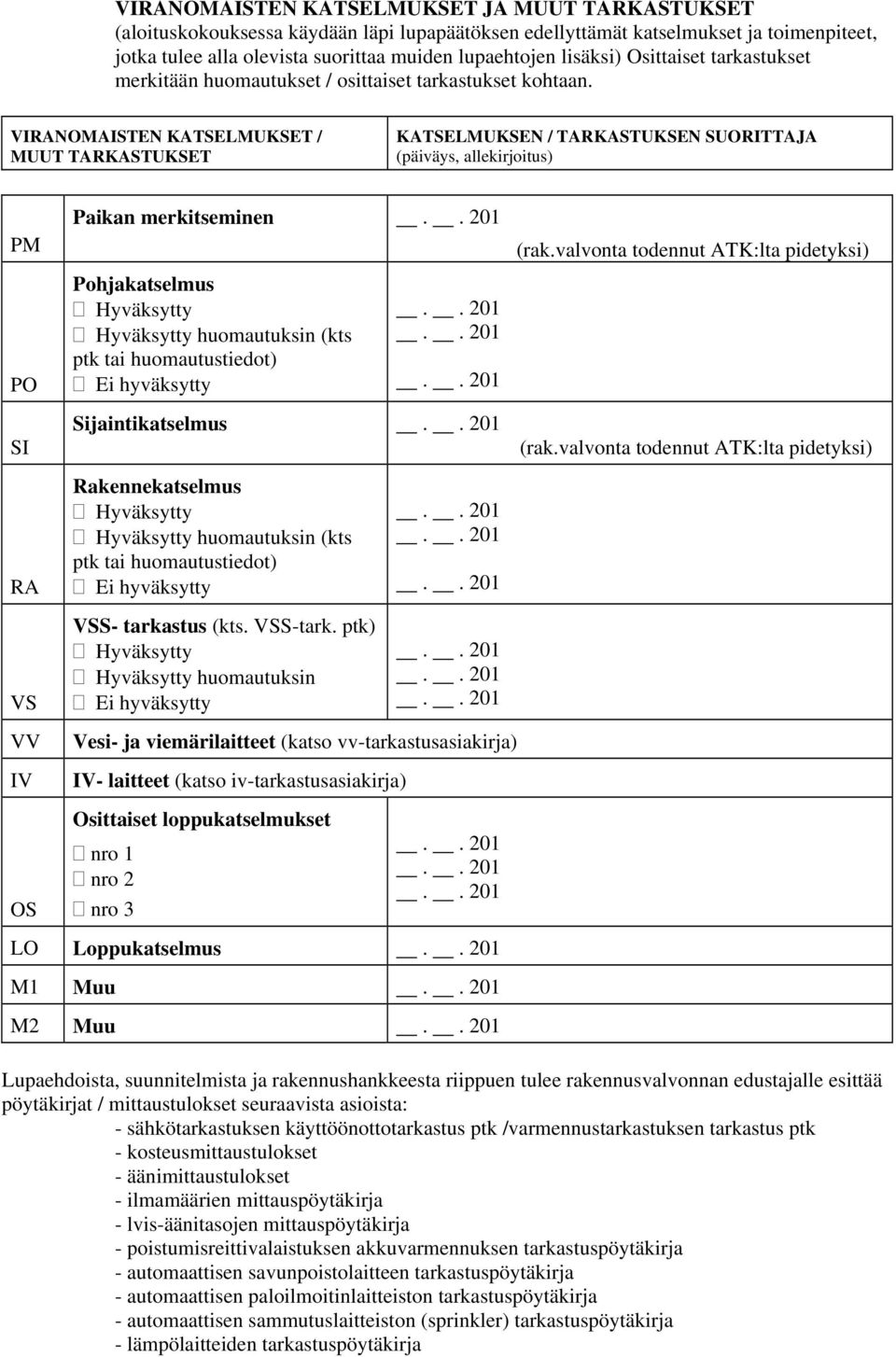 VIRANOMAISTEN KATSELMUKSET / MUUT TARKASTUKSET KATSELMUKSEN / TARKASTUKSEN SUORITTAJA (päiväys, allekirjoitus) PM PO SI Paikan merkitseminen Pohjakatselmus Hyväksytty Hyväksytty huomautuksin (kts ptk