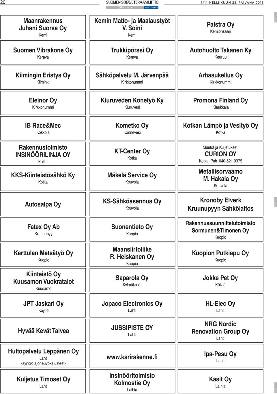 Järvenpää Kirkkonummi Arhasukellus Oy Kirkkonummi Eleinor Oy Kirkkonummi Kiuruveden Konetyö Ky Kiuruvesi Promona Finland Oy Klaukkala IB Race&Mec Kokkola Rakennustoimisto INSINÖÖRILINJA OY Kotka