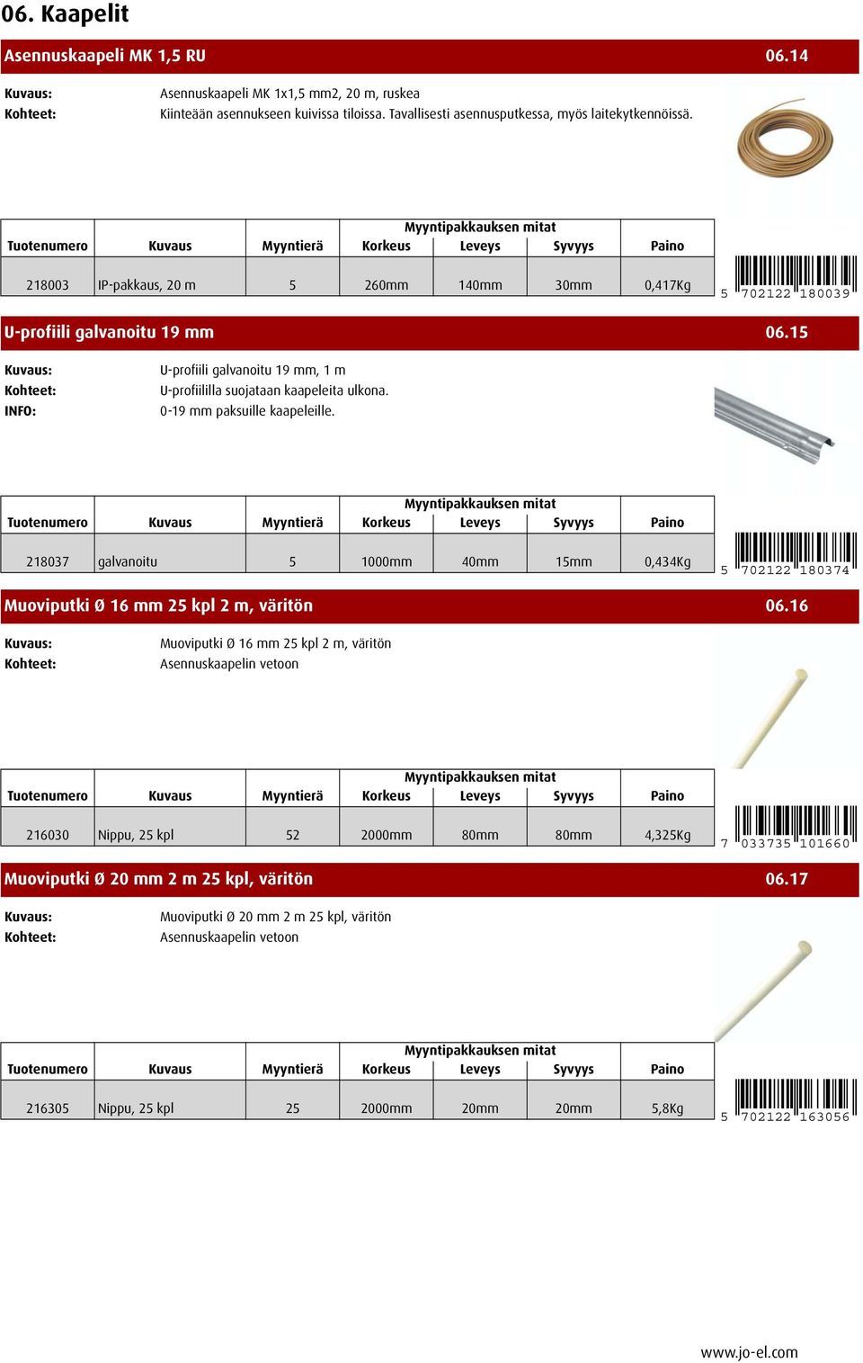 0-19 mm paksuille kaapeleille. 218037 galvanoitu 5 1000mm 40mm 15mm 0,434Kg 5 702122 180374 Muoviputki Ø 16 mm 25 kpl 2 m, väritön 06.