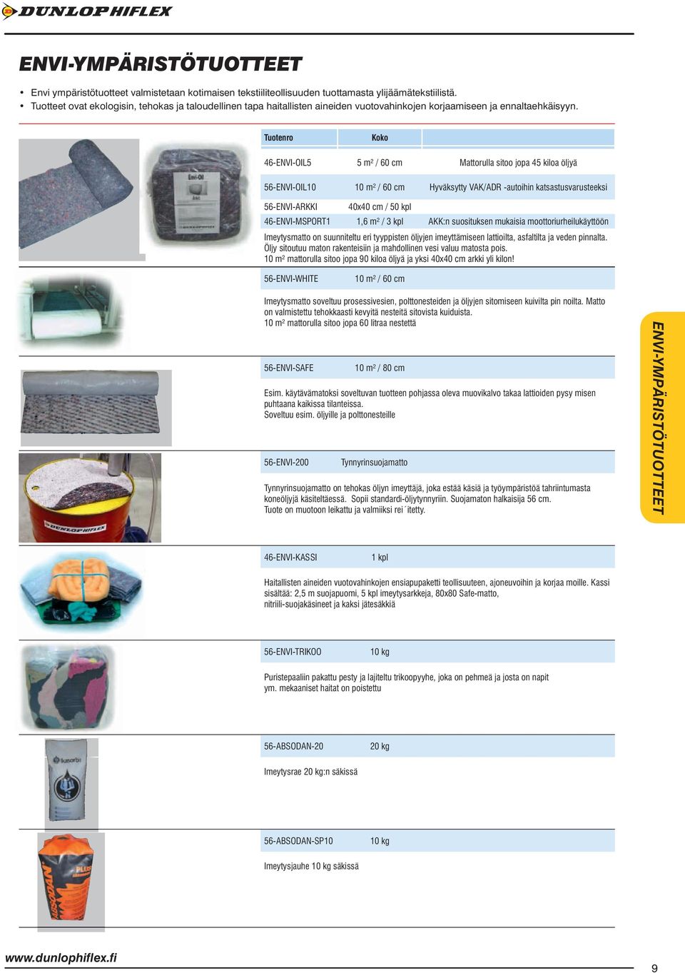 Koko 46-ENVI-OIL5 5 m² / 60 cm Mattorulla sitoo jopa 45 kiloa öljyä 56-ENVI-OIL10 10 m² / 60 cm Hyväksytty VAK/ADR -autoihin katsastusvarusteeksi 56-ENVI-ARKKI 40x40 cm / 50 kpl 46-ENVI-MSPORT1 1,6