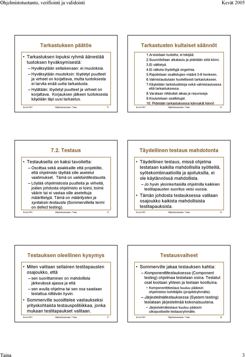 Korjauksen jälkeen tuotoksesta käydään läpi uusi tarkastus. Kevät 2005 Ohjelmistotuotanto / Taina 13 1.Arvioidaan tuotetta, ei tekijää. 2.Suunnitellaan aikataulu ja pidetään siitä kiinni. 3.