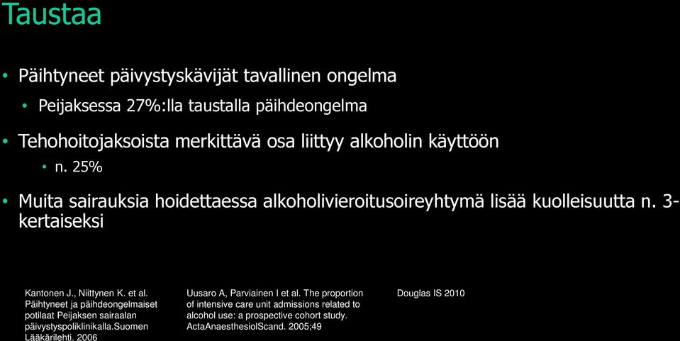 , Niittynen K. et al. Päihtyneet ja päihdeongelmaiset potilaat Peijaksen sairaalan päivystyspoliklinikalla.suomen Lääkärilehti.