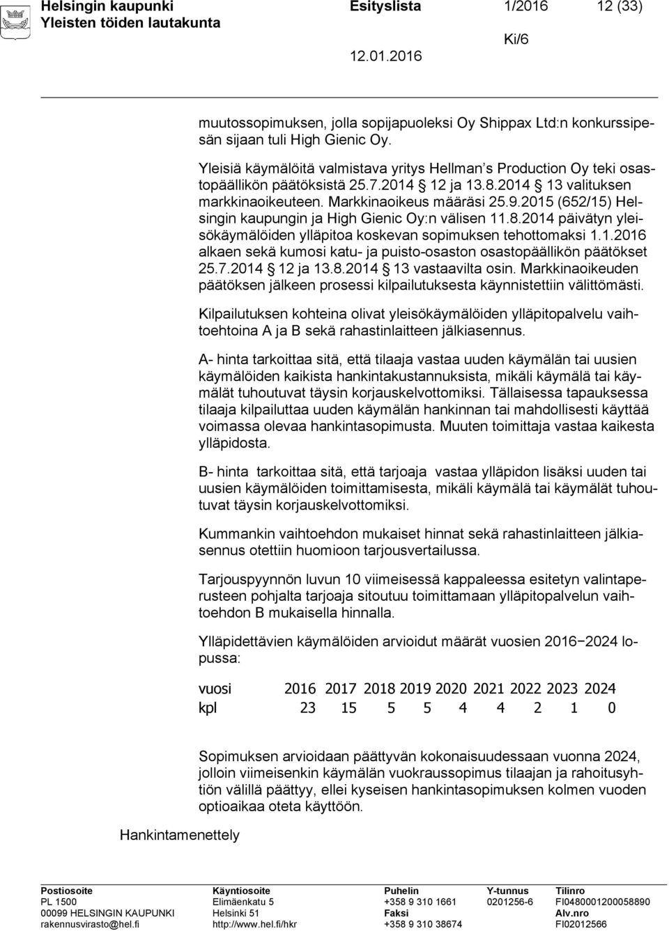 2015 (652/15) Helsingin kaupungin ja High Gienic Oy:n välisen 11.8.2014 päivätyn yleisökäymälöiden ylläpitoa koskevan sopimuksen tehottomaksi 1.1.2016 alkaen sekä kumosi katu- ja puisto-osaston osastopäällikön päätökset 25.