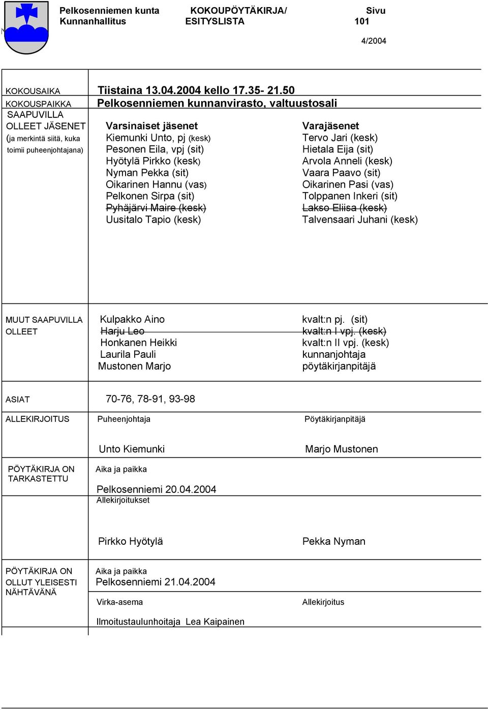 puheenjohtajana) Pesonen Eila, vpj (sit) Hietala Eija (sit) Hyötylä Pirkko (kesk) Arvola Anneli (kesk) Nyman Pekka (sit) Vaara Paavo (sit) Oikarinen Hannu (vas) Oikarinen Pasi (vas) Pelkonen Sirpa