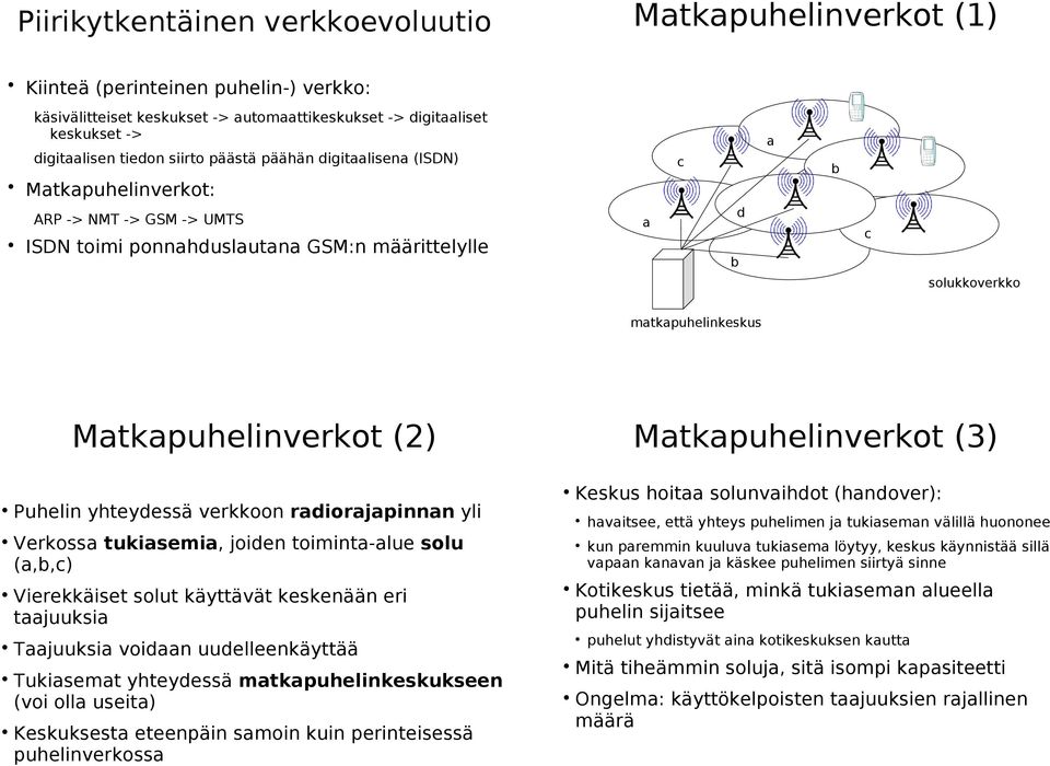 Matkapuhelinverkot (3) Puhelin yhteydessä verkkoon radiorajapinnan yli Verkossa tukiasemia, joiden toiminta-alue solu (a,b,c) Vierekkäiset solut käyttävät keskenään eri taajuuksia Taajuuksia voidaan