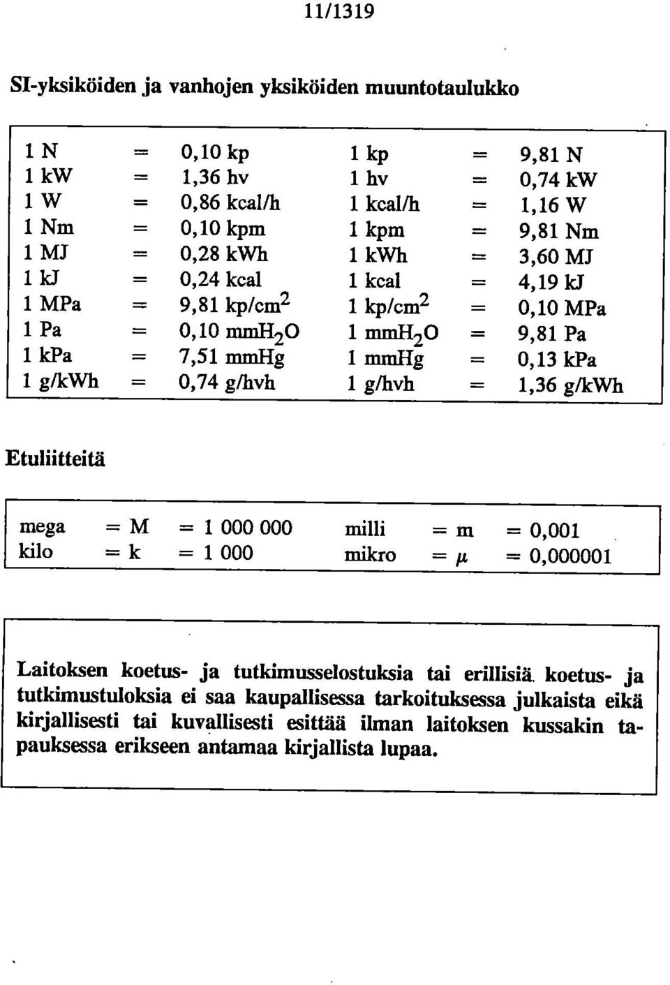 IcPa = 0,74 g/hvh 1 g/hvh = 1,36 g/kwh Etuliitteitä mega = M = 1 000 000 milli m = 0,001 kilo =k = 1 000 milcro = 1.