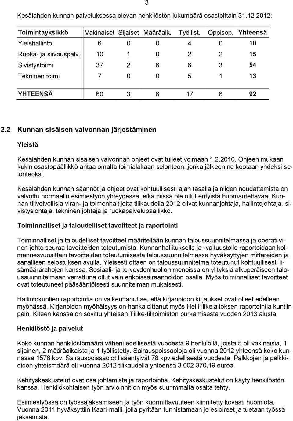 2 Kunnan sisäisen valvonnan järjestäminen Yleistä Kesälahden kunnan sisäisen valvonnan ohjeet ovat tulleet voimaan 1.2.2010.