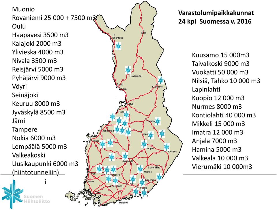 Varastolumipaikkakunnat 24 kpl Suomessa v.