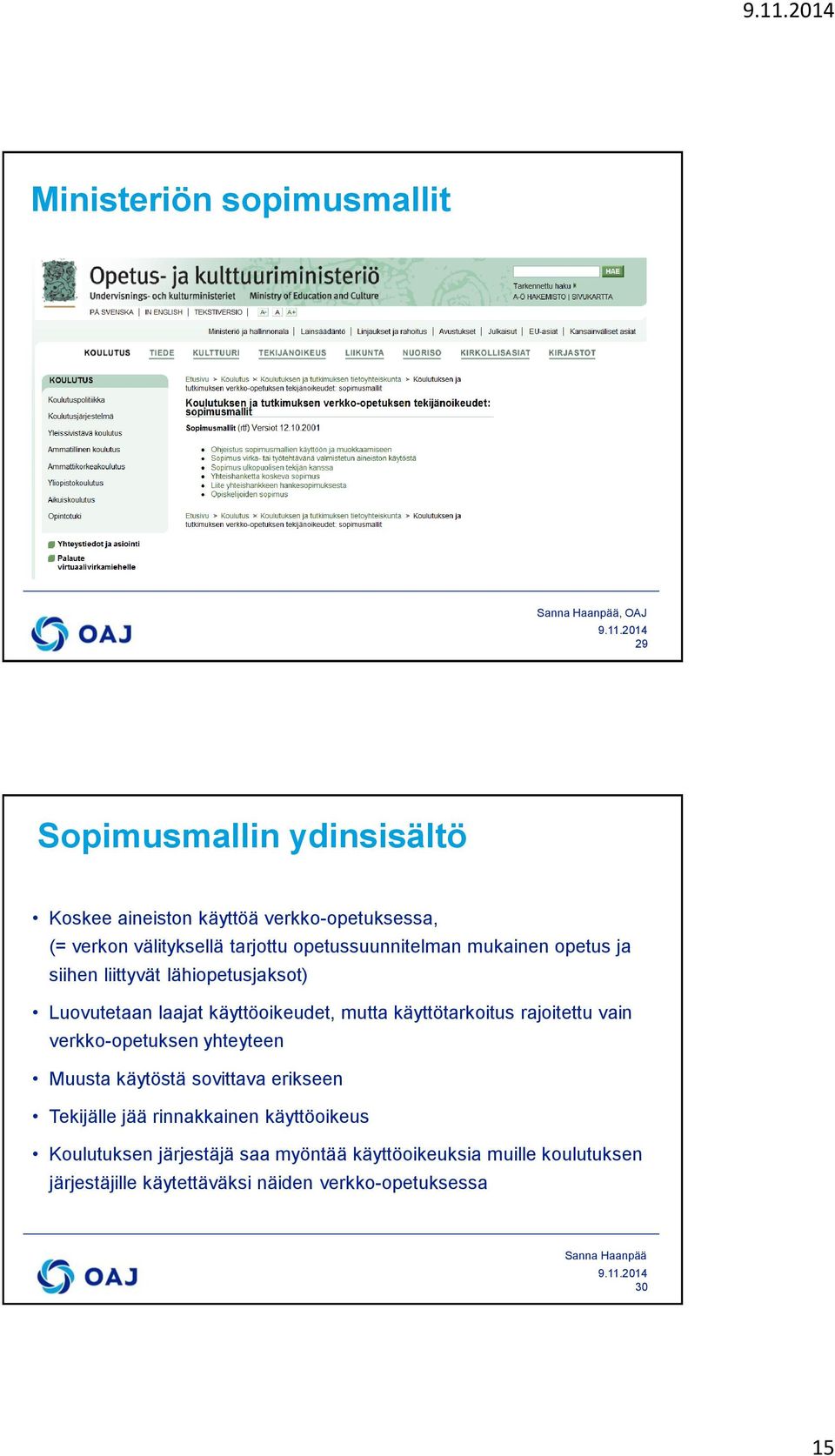 käyttötarkoitus rajoitettu vain verkko-opetuksen yhteyteen Muusta käytöstä sovittava erikseen Tekijälle jää rinnakkainen