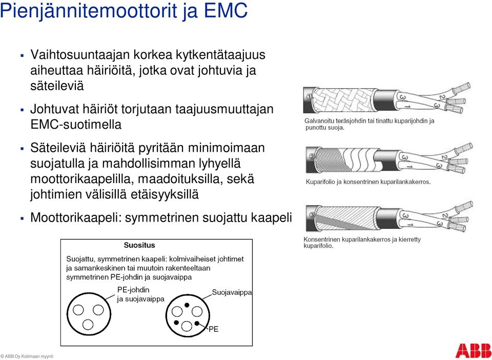 häiriöitä pyritään minimoimaan suojatulla ja mahdollisimman lyhyellä moottorikaapelilla,