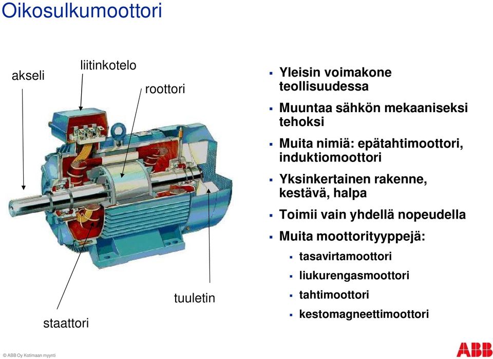 induktiomoottori Yksinkertainen rakenne, kestävä, halpa Toimii vain yhdellä nopeudella Muita