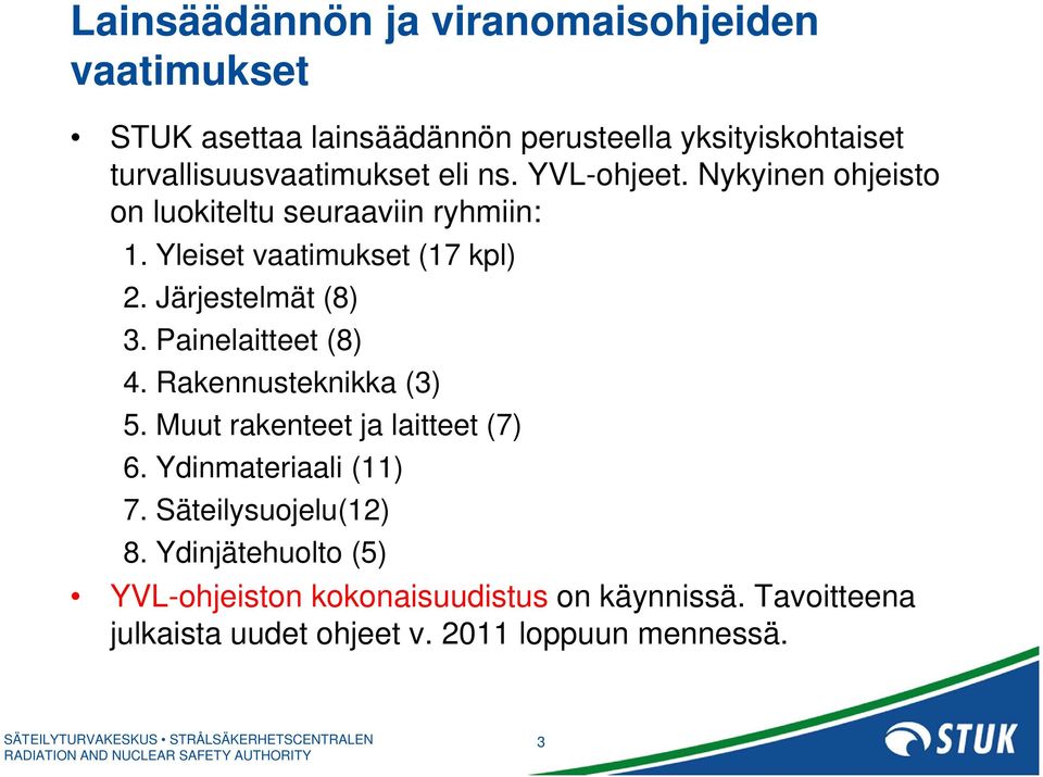 Yleiset vaatimukset (17 kpl) 2. Järjestelmät (8) 3. Painelaitteet (8) 4. Rakennusteknikka (3) 5.