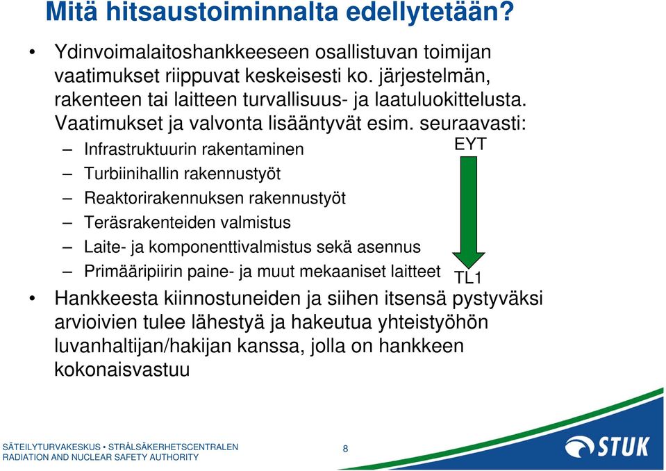 seuraavasti: Infrastruktuurin rakentaminen Turbiinihallin rakennustyöt Reaktorirakennuksen rakennustyöt Teräsrakenteiden valmistus Laite- ja komponenttivalmistus