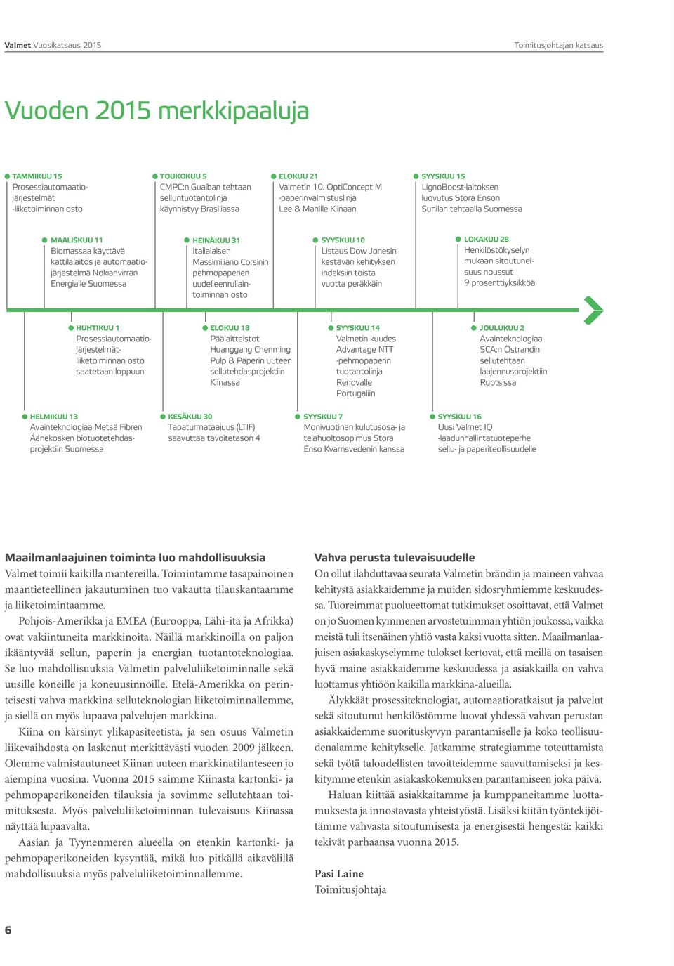 OptiConcept M -paperinvalmistuslinja Lee & Manille Kiinaan SYYSKUU 15 LignoBoost-laitoksen luovutus Stora Enson Sunilan tehtaalla Suomessa MAALISKUU 11 Biomassaa käyttävä kattilalaitos ja