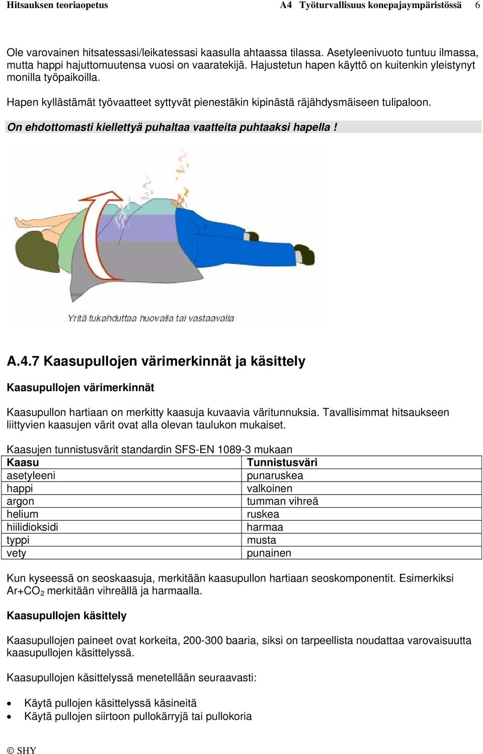 Hapen kyllästämät työvaatteet syttyvät pienestäkin kipinästä räjähdysmäiseen tulipaloon. On ehdottomasti kiellettyä puhaltaa vaatteita puhtaaksi hapella! A.4.