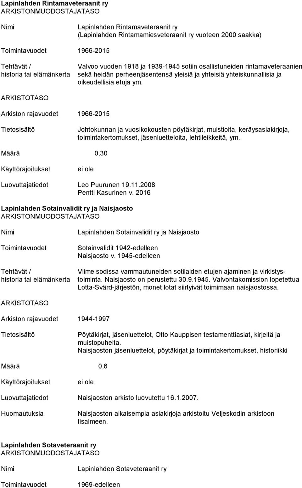 Arkiston rajavuodet 1966-2015 Johtokunnan ja vuosikokousten pöytäkirjat, muistioita, keräysasiakirjoja, toimintakertomukset, jäsenluetteloita, lehtileikkeitä, ym. Määrä 0,30 Leo Puurunen 19.11.