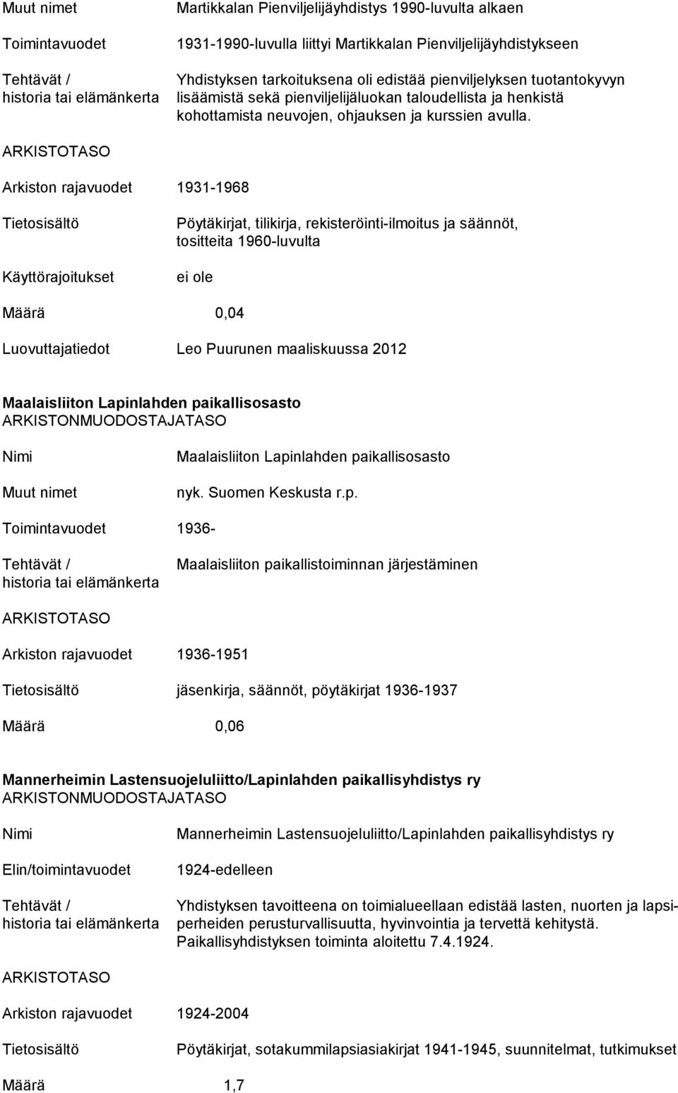 Arkiston rajavuodet 1931-1968 Pöytäkirjat, tilikirja, rekisteröinti-ilmoitus ja säännöt, tositteita 1960-luvulta Määrä 0,04 Leo Puurunen maaliskuussa 2012 Maalaisliiton Lapinlahden paikallisosasto