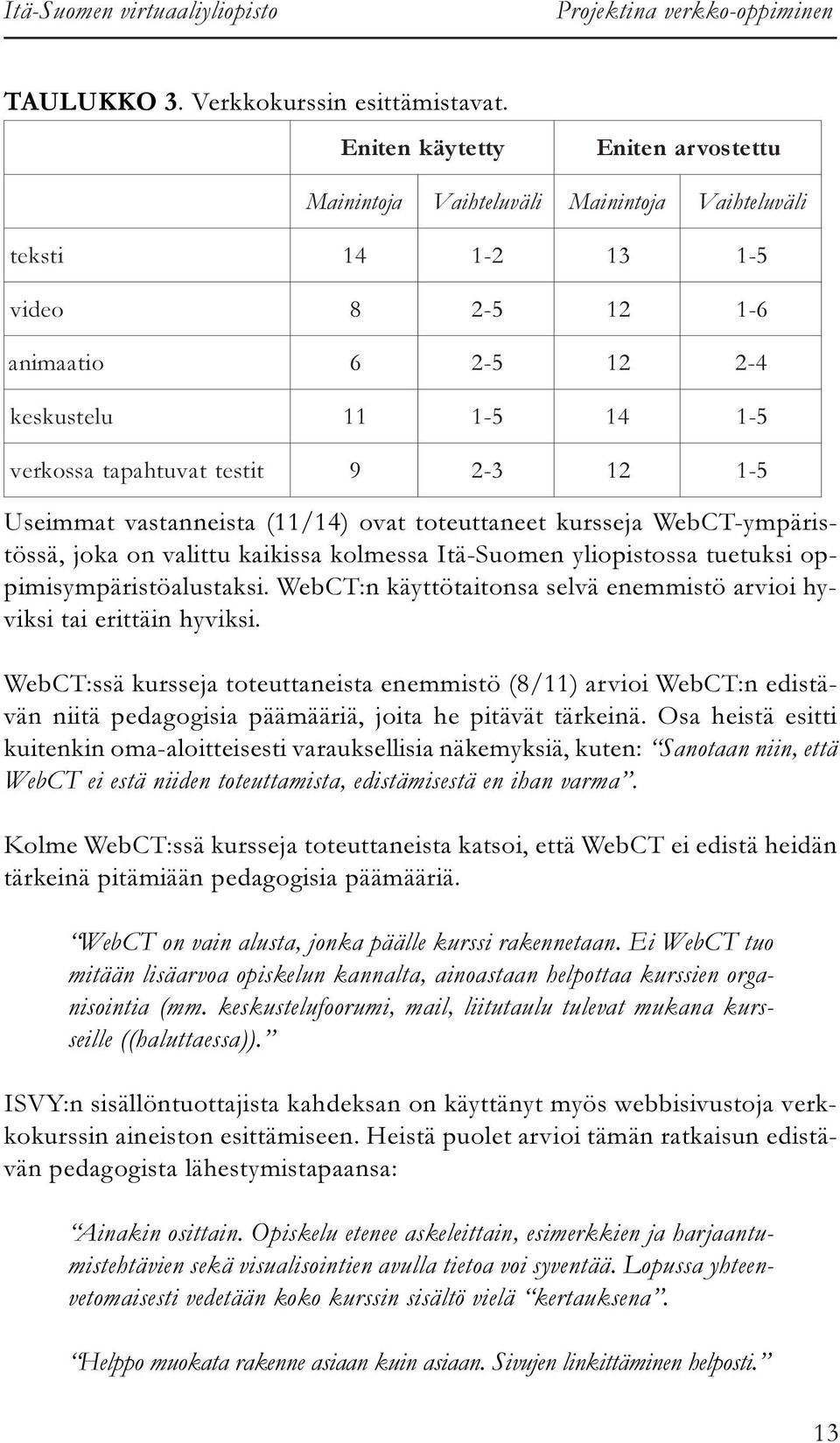 2-3 12 1-5 Useimmat vastanneista (11/14) ovat toteuttaneet kursseja WebCT-ympäristössä, joka on valittu kaikissa kolmessa Itä-Suomen yliopistossa tuetuksi oppimisympäristöalustaksi.