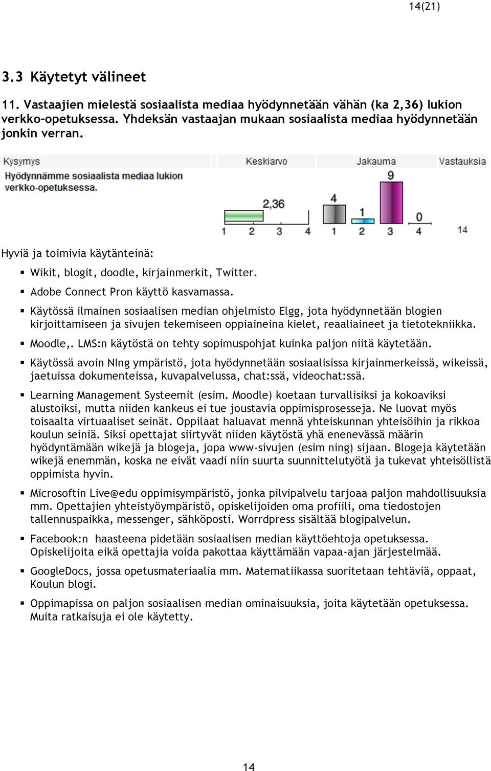 Käytössä ilmainen sosiaalisen median ohjelmisto Elgg, jota hyödynnetään blogien kirjoittamiseen ja sivujen tekemiseen oppiaineina kielet, reaaliaineet ja tietotekniikka. Moodle,.